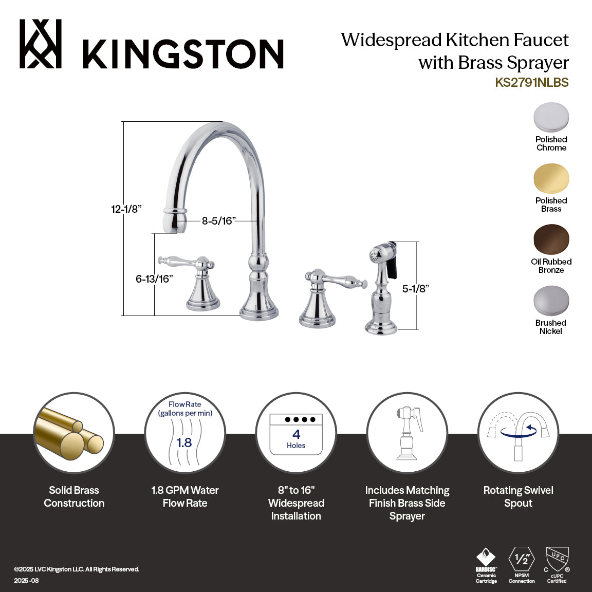 Kingston Tulare KS2791NLBS - Governor Double-Handle 4-Hole Widespread Kitchen Faucet with Brass Sprayer, Polished Chrome — thumbnail 3